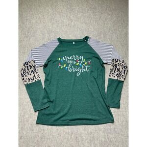 Merry And Bright Christmas Tee Womens Medium Green Leopard Stripe Raglan Holiday